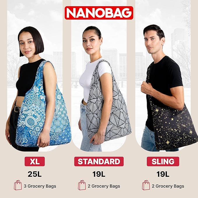 Nanobag Ultra-Lightweight Heavy Duty Foldable Tote for Women & Men, Reusable Grocery & Travel Bag, Packable Collapsible Compact Market Essential (XL Stars)