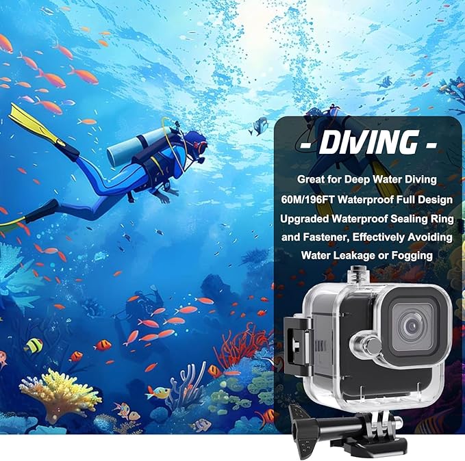 Compatible for Go Pro Hero 4K (13 Mini) Black Waterproof Housing Case 60M/196FT Protective Underwater Diving Case Shell with Cameras Handle Mount Accessories Kit