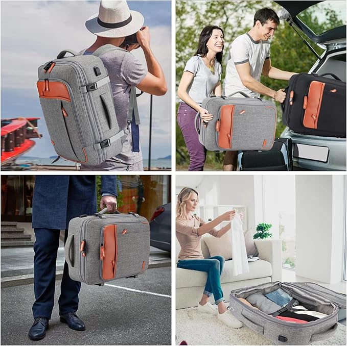 Carry on Travel Backpacks, Extra Large 40L Flight Approved Bag for Men & Women,Expandable Suitcase Backpack With 4 Packing Cubes,Water Resistant Luggage Daypack Business Weekender Bag,Grey