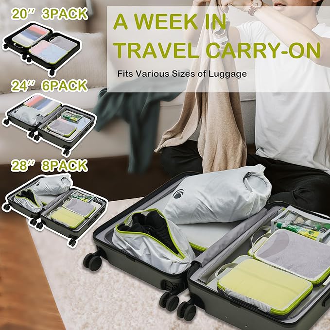 Cipway Compression Packing Cubes Mesh, Lightweight Luggage Organizer Bags with Laundry Bag,Toiletries Bag and Shoe Bag, Travel Essentials for Carry on Suitcase（8Pcs,White）
