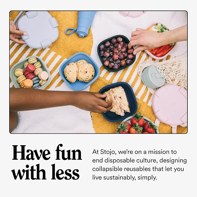 STOJO Collapsible Sandwich Box – 24oz, Reusable Food Storage Container, Silicone Bowl for Hot/Cold Food – Meal Prep, Lunch, Camping, Hiking – Dishwasher Safe (Set of 3, Translucent Denim)