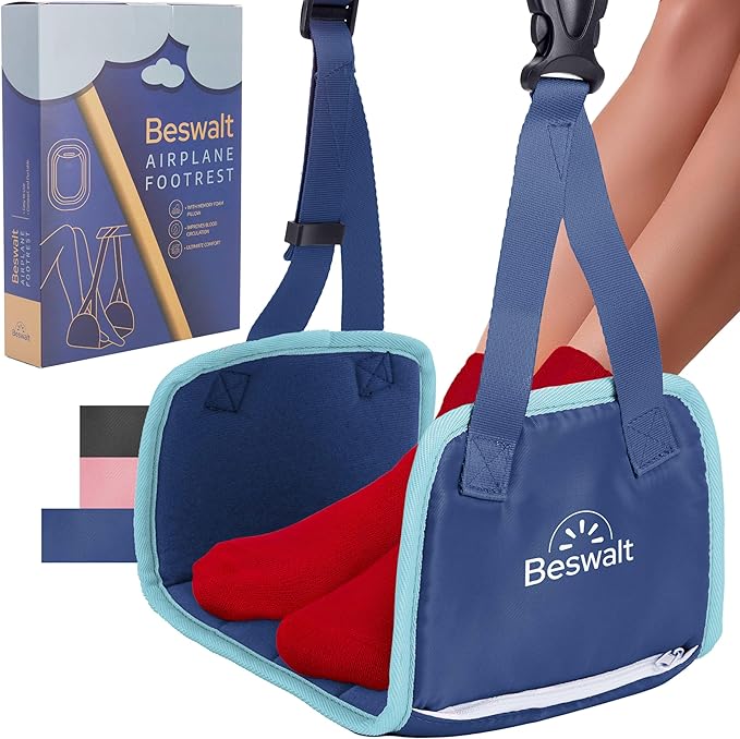 Portable Airplane Foot Hammock for Plane Travel with Memory Foam & Hardboard for No Feet or Leg Clashing - Long Flight Air Travel Essentials to Relax Feet Rest Flying Overseas by Beswalt (Navy Blue)