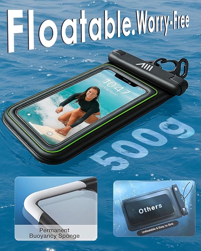【2025 Upgraded】 8 Pack Black - IP68 Waterproof Phone Pouch Floating Design No Sink Waterproof Phone Case - Beach Pool Travel Essentials - Works w/All Phones - Detachable Lanyard - Black/Hi-Vis Green