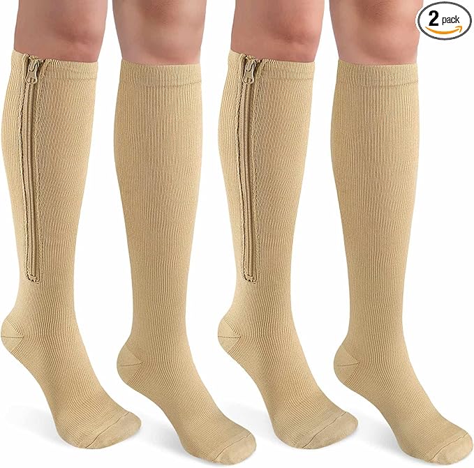 CASMON 2 Pairs Zipper Compression Socks for Women & Men, 15-20 mmHg Closed Toe Knee High Support Sock with Zipper for Varicose Vein Edema