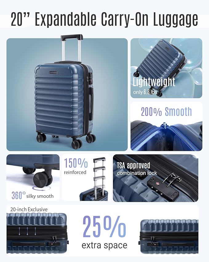 LIGHT FLIGHT Carry On Luggage 22x14x9 Airline Approved, Carry On Suitcases with Wheels, Expandable Hardside Lightweight Rolling Travel Luggage with TSA Lock 20 Inch Carryon, Royal Blue