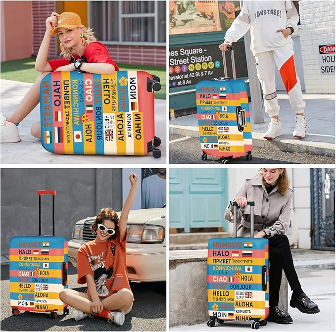 ANNA QUEEN Funny Multilingual Greetings Luggage Cover, Suitcase Protector with Hello in 15+ Languages, Stretchable, Washable Travel Cover for 20-22 Inch Luggage