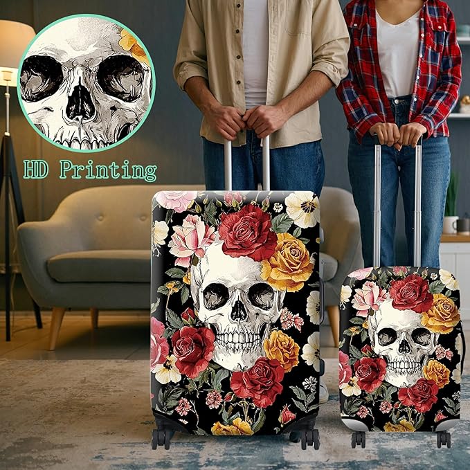 Luggage Cover Plus - Sugar Rose Skull Travel Suitcase Cover for 18-20 inch Luggage (S) with Concealed Zipper, Washable Elastic Cloth, Dustproof, Anti-Scratch