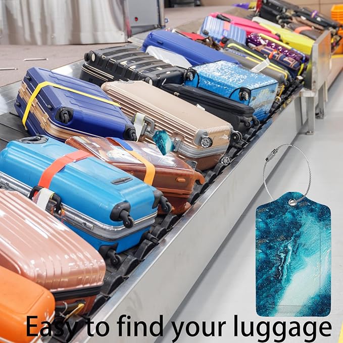Abstract Ocean Texture Luggage Tags for Suitcases,2 Pack Luggage Tag, Leather Stainless Steel Loop Label Tag for Women Girl Travel Bag Suitcase