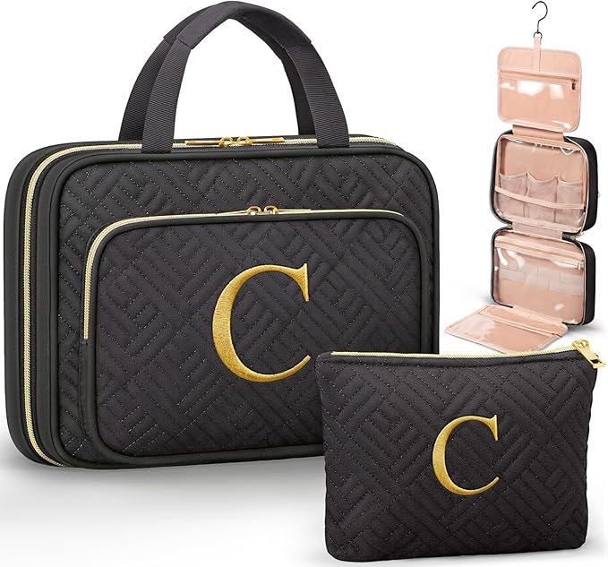 Personalized Gifts for Women, Initial Toiletry Bag Hanging Travel Organizer & Makeup Cosmetic Bag with Embroidery Letter Teacher Appreciation Gift Birthday Mothers Day Gifts for Mom Wife Friend Sister