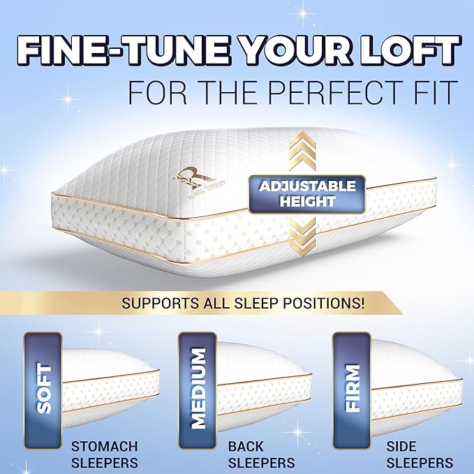 Royal Therapy Queen Memory Foam Pillows 4-Pack - Shredded Memory Foam Pillow for All Sleep Positions - Medium Firm Pillow with Adjustable Loft, Bamboo Rayon Cover, CertiPUR-US, Oeko-TEX Certified