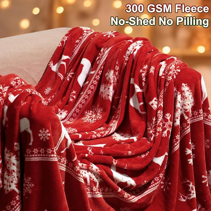 PHF Printed Fleece Blanket Queen Size, No Shed No Pilling Ultra Soft Plush Cozy Xmas Prints Theme Home Décor Flannel Blanket for Bed, Sofa, Couch and Gift, 90 "x 90", Reindeer and Trees, Red