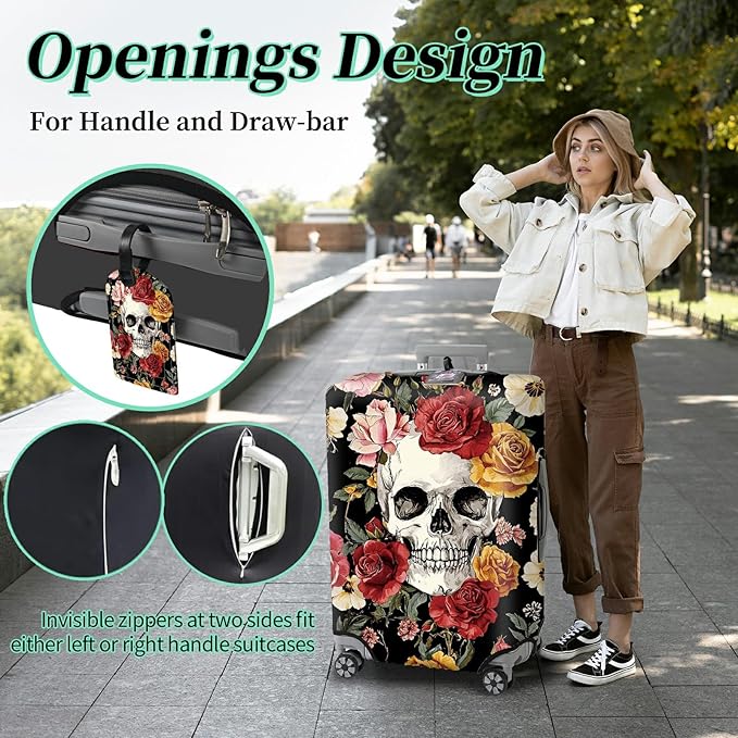 Luggage Cover Plus - Sugar Rose Skull Travel Suitcase Cover for 18-20 inch Luggage (S) with Concealed Zipper, Washable Elastic Cloth, Dustproof, Anti-Scratch