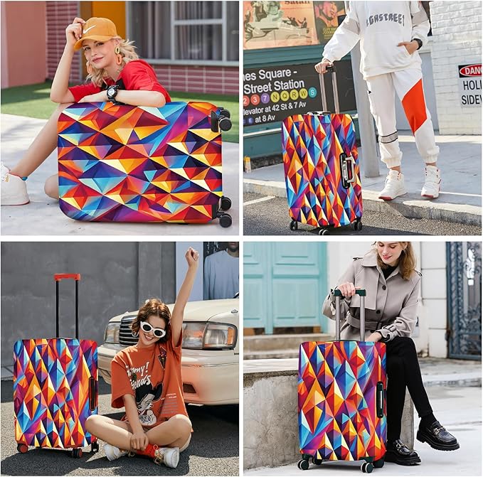 ANNA QUEEN Colorful Geometric Luggage Cover, Abstract Prism Pattern Suitcase Protector, Stretchable, Washable Travel Cover for 32-34 Inch Luggage, Bright, Durable & Eye-Catching