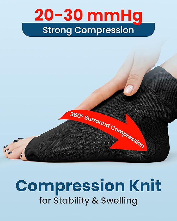 KEMFORD Ankle Compression Sleeve with Cooling Effect - Plantar Fasciitis Braces - Open Toe Compression Socks for Swelling, Sprain, Neuropathy, Arch Support for Men and Women - M, Black