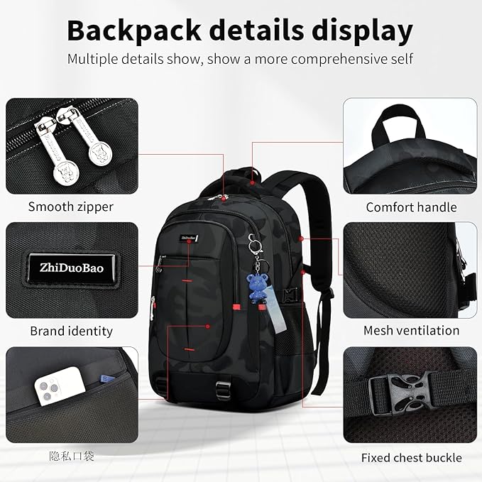 schoolbags for Middle school and high school student，high-capacity camo bookbags for Teens boys，Water Resistant Anti Theft Travel backpack with Computer compartment Fits 15.6 Inch Laptop