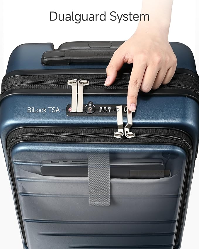 LUGGEX Carry On Luggage 22x14x9 Airline Approved, Expandable Polycarbonate Suitcase with Front Pocket (Blue, 20 Inch, 35L)
