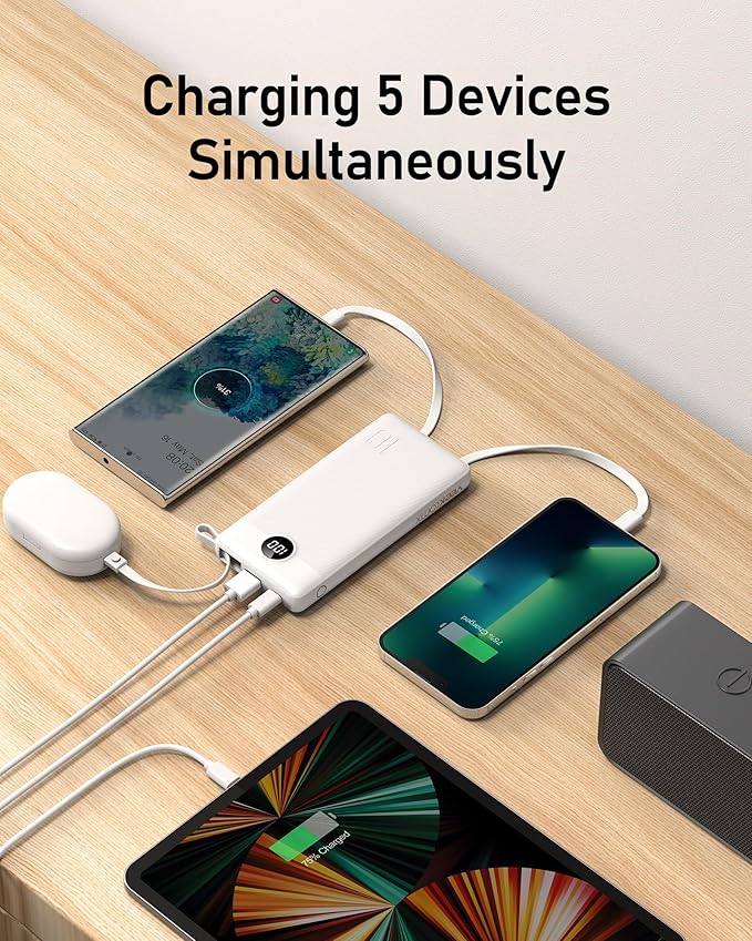 VEEKTOMX Portable Charger with Built in Cables 10000mAh, USB C Power Bank with 5 Outputs and LED Display, Small & Slim Battery Pack Compatible with iPhone/iPad/Samsung and Android Devices for Travel