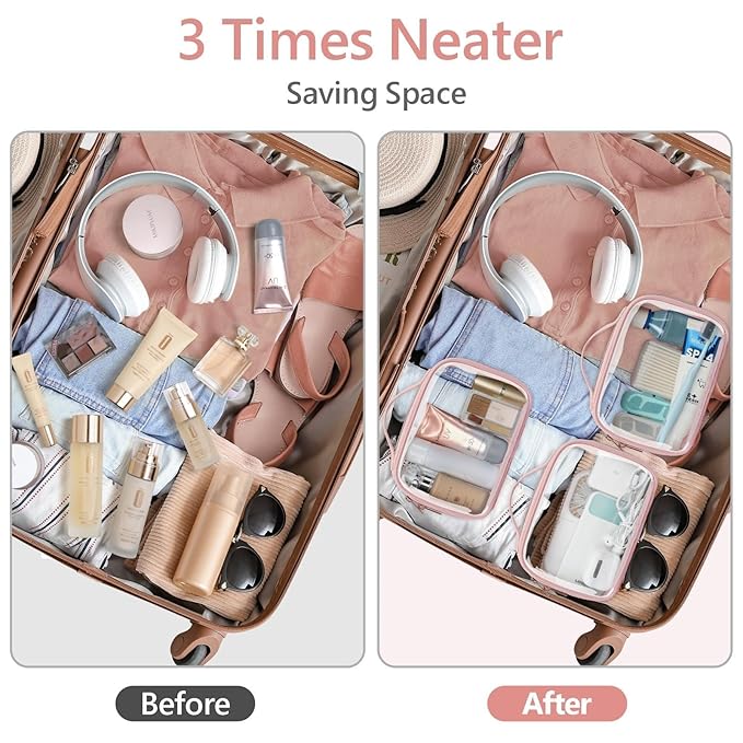 PACKISM TSA Approved Toiletry Bag - Floral Texture Lace Clear Makeup Bags with Handle, Clamshell Closing 180° Opening, Clear Toiletry Bags for Travel Essentials, 0.5 mm Thick, Pink