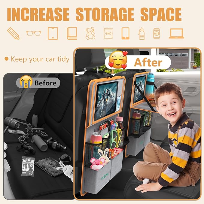 Car Backseat Organizer with Tablet Holder,11 Storage Pockets with Foldable Food Tray, Protector Kick Mats for Kids, Travel Accessories Organizer (Orange, 1Pack)