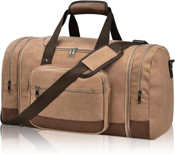 Litvyak Duffle Bag for Travel, 50L Canvas Travel Duffel Bags Overnight Weekend Gym Carry On Luggage Bag for Men & Women(Coffee)