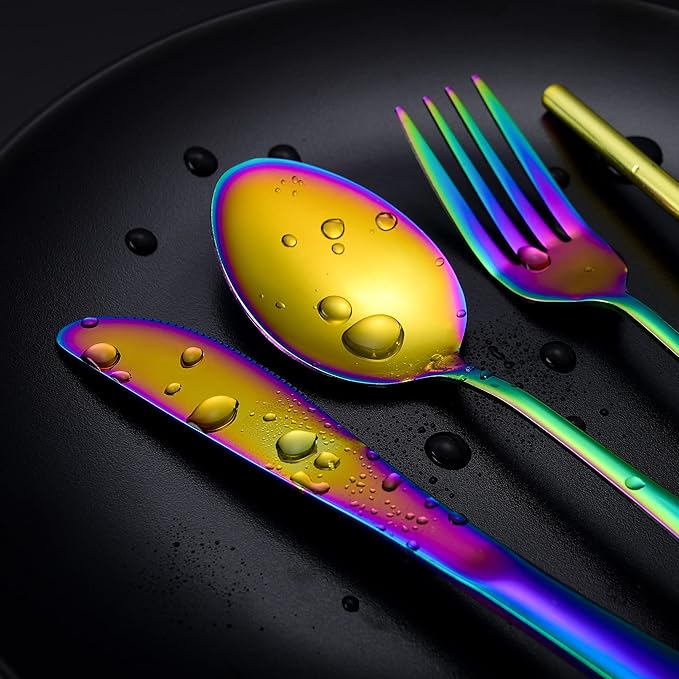 Boulder Bee | Travel Utensils Set | Reusable Camping Cutlery Set | Stainless Steel Flatware Set | Portable Silverware Set with Case | Includes Knife/Fork/Spoon/Straw/Cleaning Cloth/Case (Rainbow)