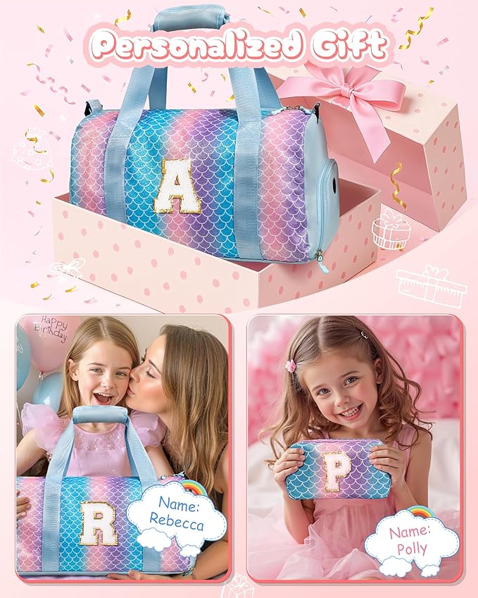 Sister Graduation Gift-Girl Gym Bag with Shoe Compartment, Kid Personalized Weekender Overnight Bags, Initial Travel Tote with Makeup Pouch Valentine's Day Gifts for Kids (Letter I)
