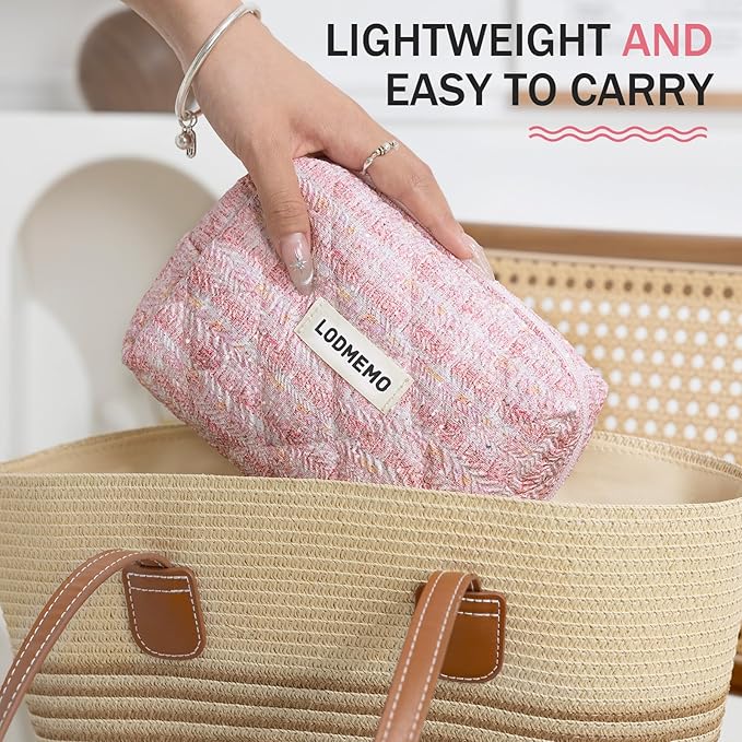 Makeup Bag 3 PCS Quilted Cosmetic Bags for Women, Large Travel Make up Bag Set Cute Cotton Toiletry Bag Organizer Pouch for Purse, Pink