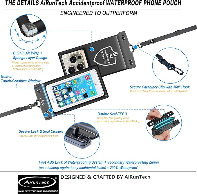 AiRunTech Universal Waterproof Phone Pouch, Beach Essential Accessories Protector iPhone Passport Money Sandproof,Swimming Sup Surfing Jetski Must Haves