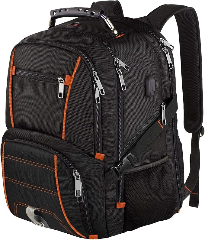 Travel Backpacks for Men Women,Extra Large College School Laptop Bookbags with USB Charging Port,RFID TSA Friendly Water Resistant Business Computer Bag with Luggage Sleeve Fit 17.3''Laptop 45L,Orange