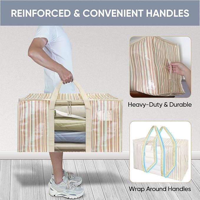 BALEINE 6-Pack Oversized Moving Bags with Reinforced Handles, Heavy-Duty Storage Tote for Clothes, Moving Supplies (Color Stripe with Window, 6-Pack)