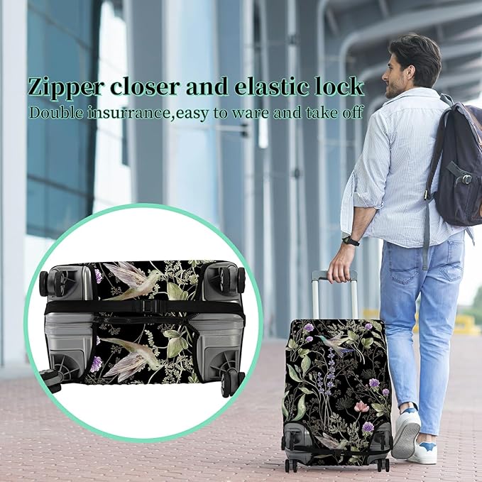 Luggage Cover Suitcase Protector + Luggage Tag, Wild Flowers Hummingbird Travel Suitcase Cover for 18-20 inch Luggage (S) with Concealed Zipper Washable Elastic Cloth Dustproof Anti-Scratch