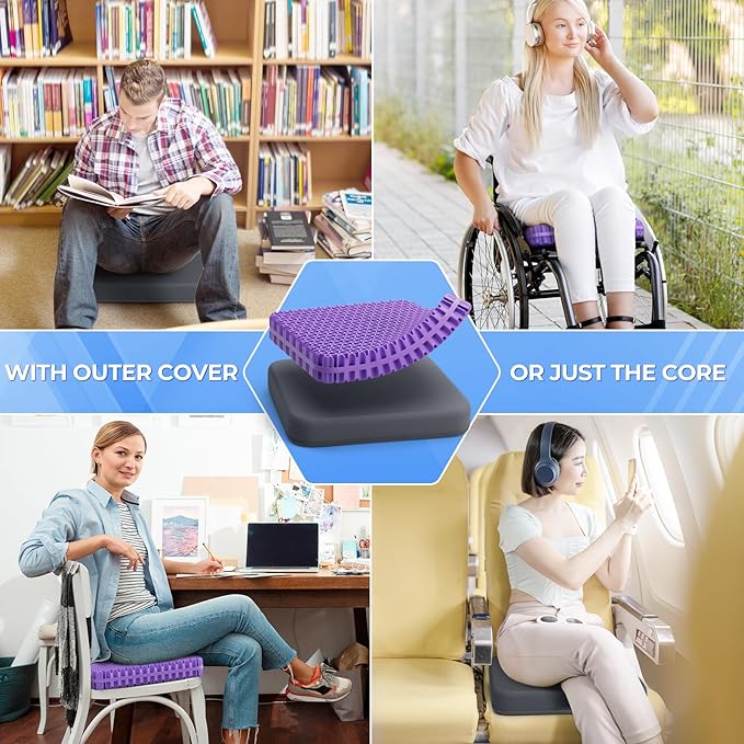TushGuard Gel Seat Cushion for Long Sitting, Enlarged & Thickened Patent Design Office Chair Seat Cushion, Breathable Cooling Pads for Chairs, Soft Car Cushions for Wheelchair(Large, Grey)