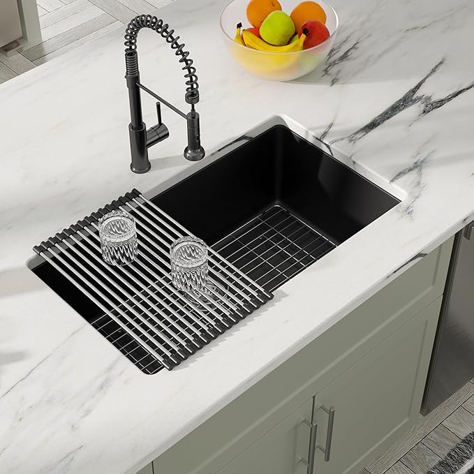 Dcolora 33 Inch Granite Composite Kitchen Sink, Black Undermount Kitchen Sinks Deep Single Bowl, 33"x19", Round Corner, DC-GU7749