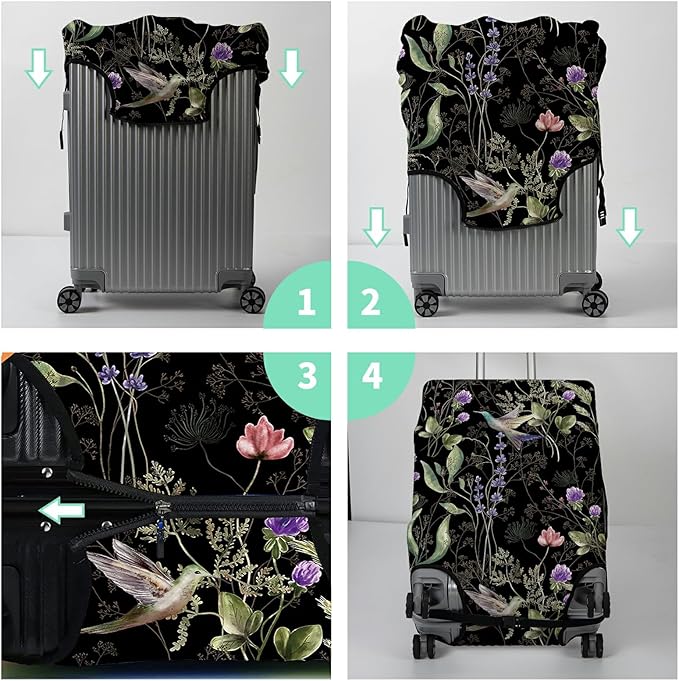 Luggage Cover Suitcase Protector + Luggage Tag, Wild Flowers Hummingbird Travel Suitcase Cover for 18-20 inch Luggage (S) with Concealed Zipper Washable Elastic Cloth Dustproof Anti-Scratch