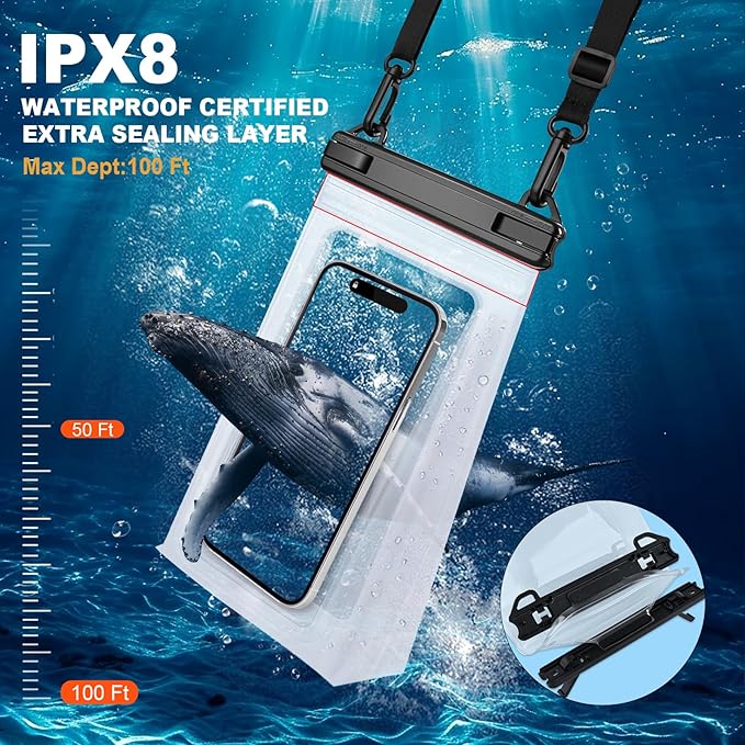 2 Pack Large Waterproof Phone Pouch Floating, Waterproof Phone Case for iPhone 16 15 14 13 Pro Max Galaxy S25 S24 All Devices, IPX8 Double Sealing, Water Proof Bag for Beach Water Park
