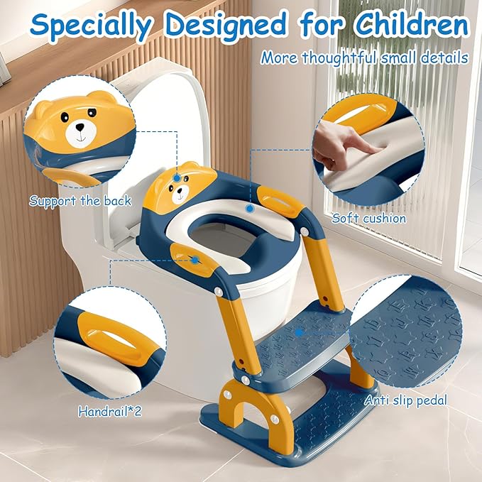 Potty Training Seat for Toddlers - Upgrade 2-in-1 Toilet Seat Toilet Ladder for Kids Children Boys Girls, Anti-Slip Pad & Adjustable Height with Waterproof PVC Cushion - Dark Blue