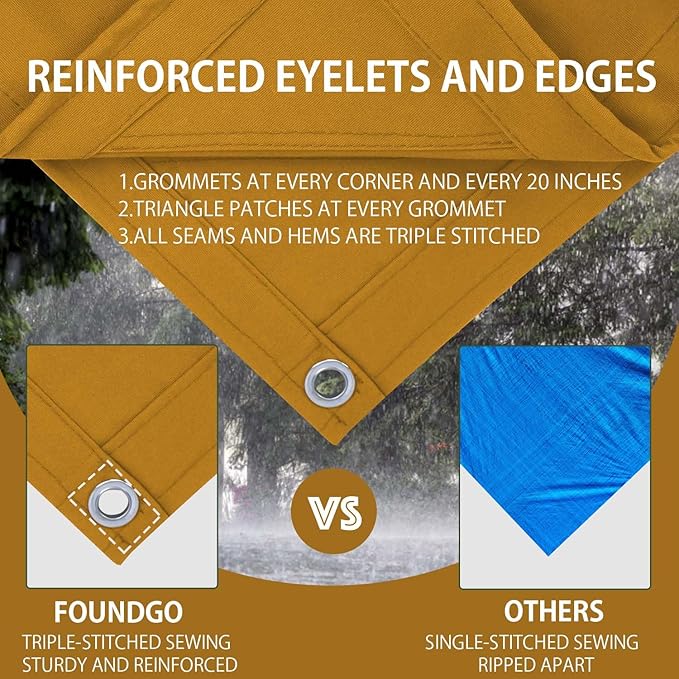 FoundGo 10x20ft Canvas Tarp 22 Mil Tarps 14 oz Canvas Tarpaulin Heavy Duty Cloth Water/UV Resistant Cover with Rustproof Grommets & Ropes for Cars,Roofs,Boats,Camps,Sunshades，Moisture Barrier -Tan