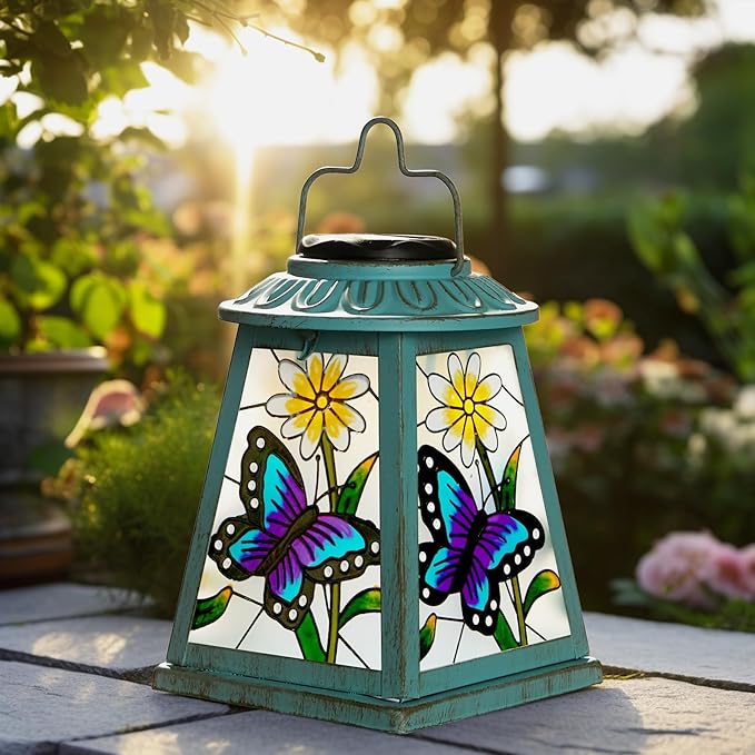 Butterfly Solar Lantern with Shepherd Hook, Outdoor Hanging Metal LED Garden Light Waterproof for Patio Yard Pathway, Unique Butterfly Lantern Decor and Meaningful Garden Gift for Mom Grandma Women