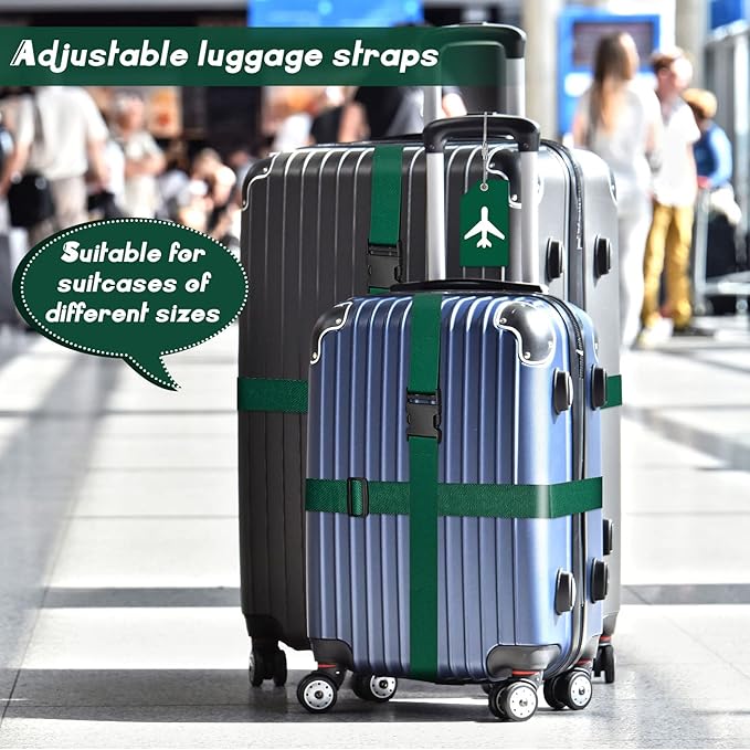 Weewooday 8 Pcs Luggage Straps Suitcase Tags Set for TSA Approved, 4 Travel Adjustable Suitcase Belt, 4 Silicone Luggage Tags with Name ID Card Travel Accessories(Dark Green,Airplane)
