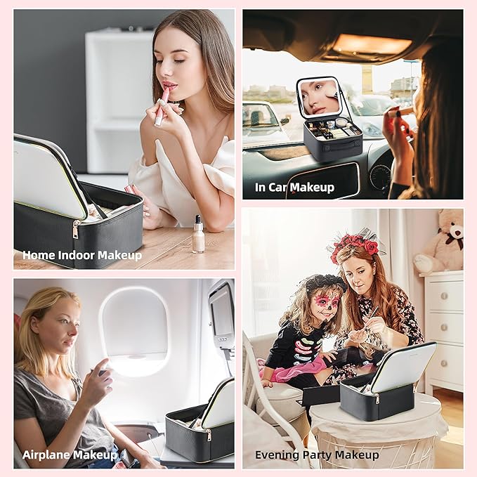 Travel Makeup Bag with LED Mirror – Waterproof Cosmetic Train Case with Adjustable Dividers, Portable Makeup Organizer and Toiletry Bag for Women, Pink Teens & Girls Gift