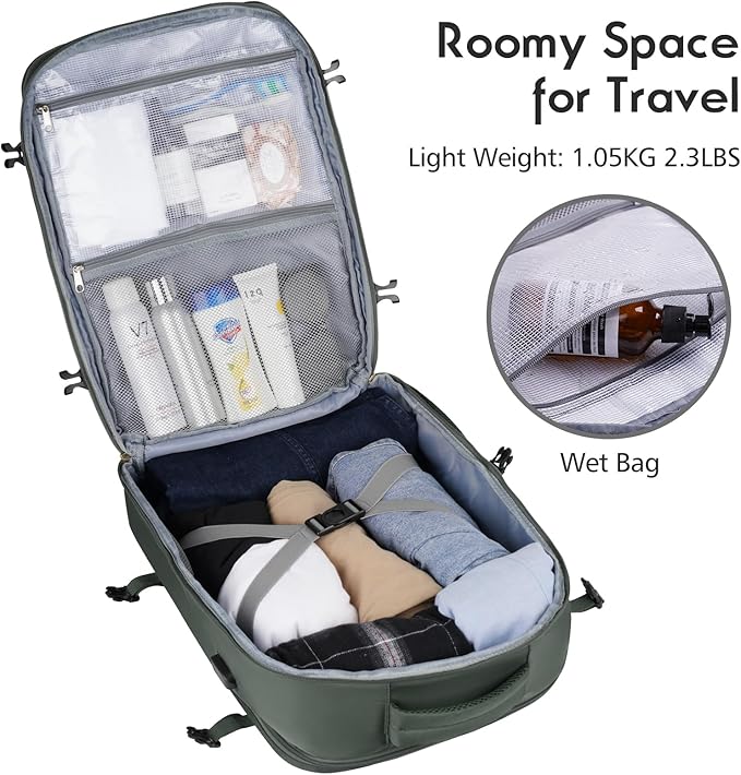 MOMUVO Large Travel Backpack Women, Flight Approved Carry On Backpack, Water Resistant Anti-Theft Large Casual Daypack Fit 17 Inch Laptop with USB Charging Port, Olive Green