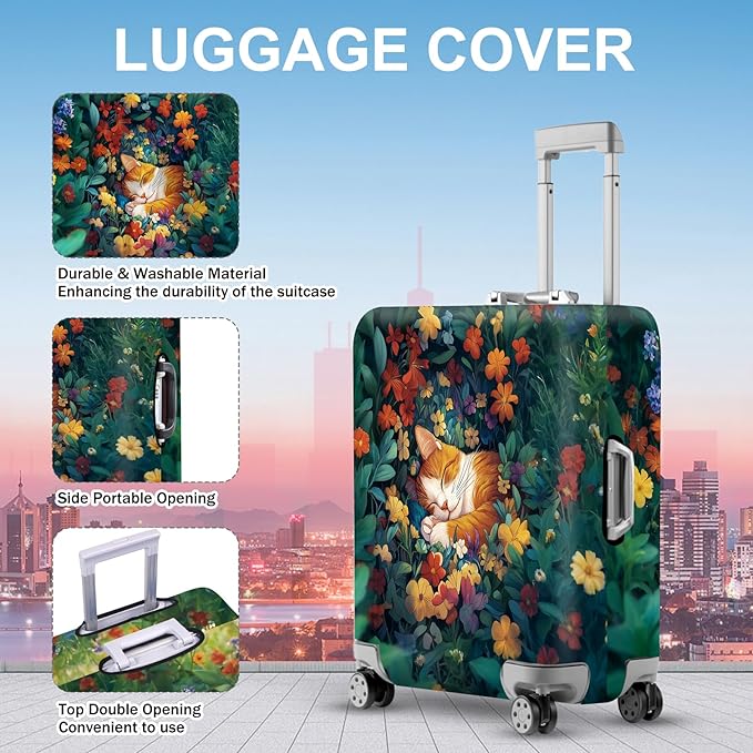 ANNA QUEEN Dreamy Cat Luggage Cover, Cat Sleeping in a Flower Field Design, Stretchable, Washable Travel Protector for 32-34 Inch Luggage