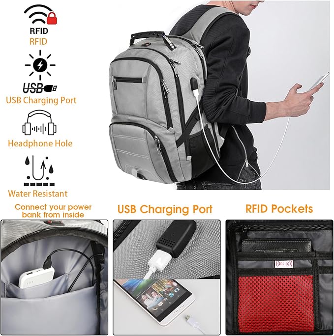 LTINVECK Extra Large 50L Travel Laptop Backpack, Computer bag Backbag with USB Charging Port, TSA Friendly Durable Big RFID Heavy Duty Business Tech Backpack Fits 17 Inch Laptops for Men Women, Grey