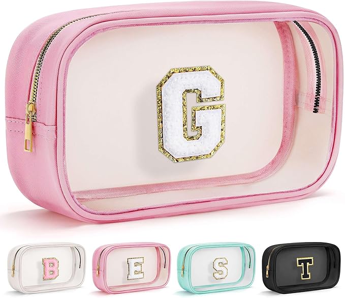 YOOLIFE Travel Clear Makeup Bag Toiletry Bag, Make up Bag Waterproof Toiletry Bags for Women Cosmetic Bag Preppy Stuff Birthday Gifts for Women Personalized Pink Mother Girlfriend Wife Gifts Letter G