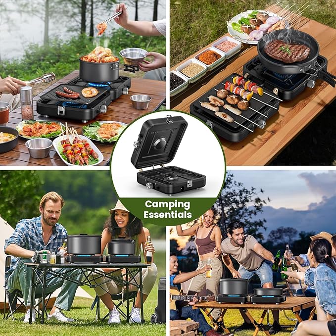 OGERY 2-Burner Foldable Camping Stove with Griddle (Textured & Smooth) and Carrying Bag, Portable Propane Camp Stove with 2 Adjustable Burners & Piezo Ignition, for Camping Tailgating Essentials Gear