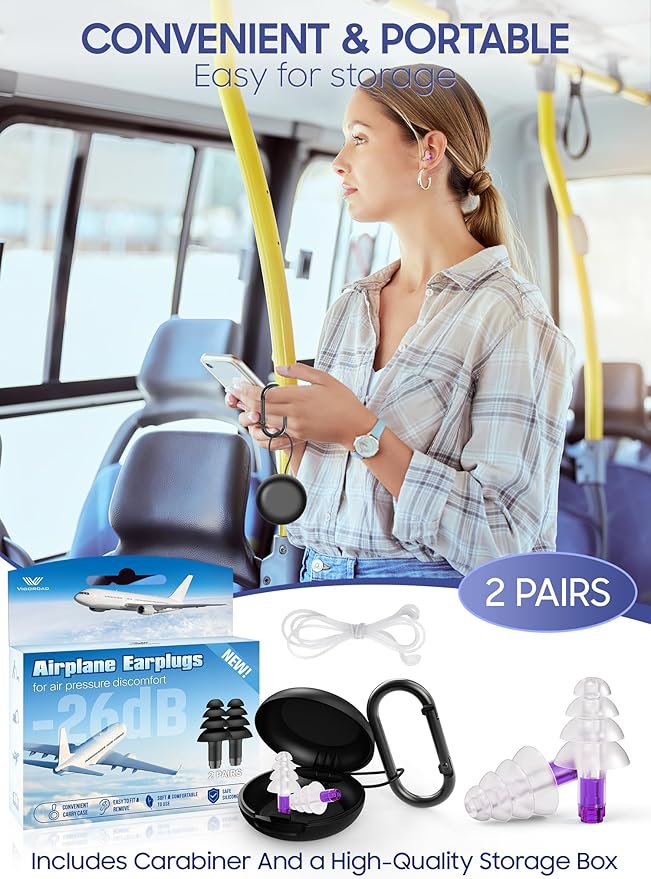 Ear Plugs for Airplane Pressure Relief, 2 Pairs Adults Soft Silicone Reusable Airplane Earplugs 26dB, with Silicone Connector Cord, Travel Essentials for Flying, Ear Protection Earplugs for Plane