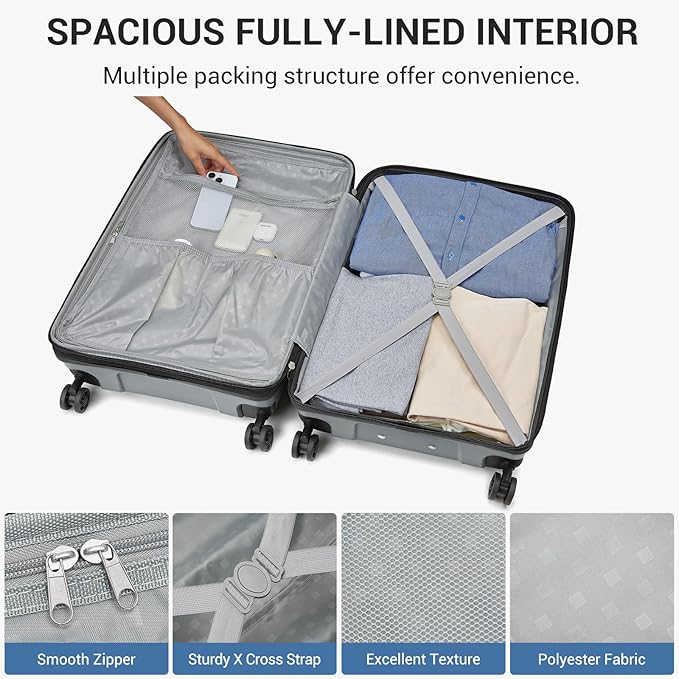 Kono 24 Inch Expandable Luggage Suitcase with Spinner Wheels, Durable Hardside Checked Luggage with Hidden Cup Holder, Lightweight Hard Shell Medium Suitcase with TSA Lock(Light Grey)