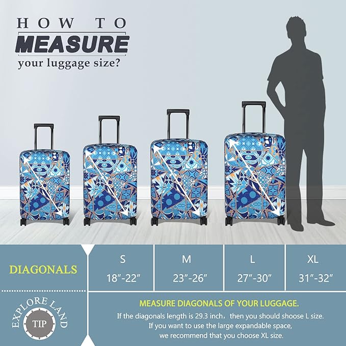 Explore Land Travel Luggage Cover Suitcase Protector Fits 27-30 Inch Case (Portuguese tiles, L)