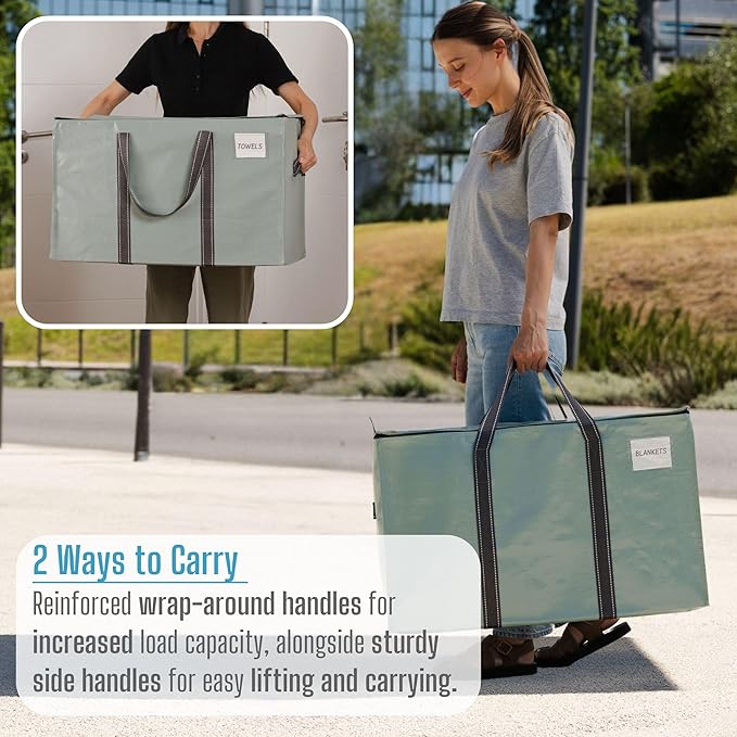 VENO 2 Pack Moving Bags, Heavy Duty, Moving Boxes Alternative, Packing Storage Supplies for Dorm Room Essentials with Zipper for Clothes, Extra Large Totes for Packaging (Shiny Light Green, 2 Pack)