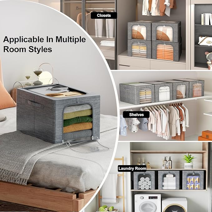 GoMaihe Clothes Storage Bins Metal Frame: 6-Pack Compact Stackable Closet Storage Bin with Lid & Clear Window, Space Saving Organizer for Sweaters Kids Clothing (Dorm/Closet 27L)